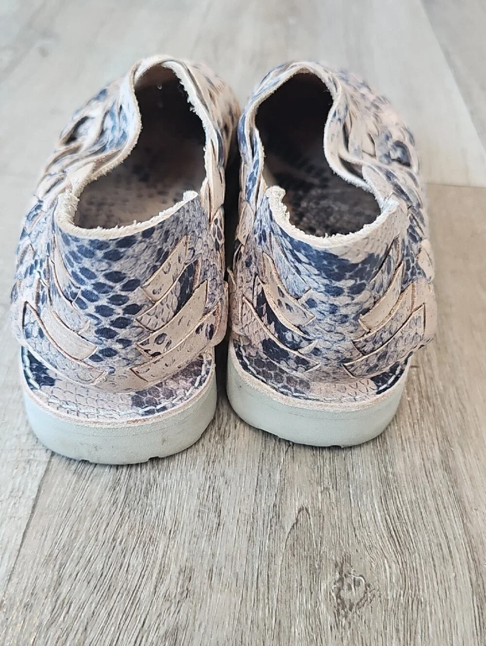 Leather Woven Hurarache Slip-On in Beige and Navy Snake Print!